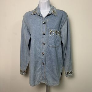 Vintage Denim Shirt Monique Fashions L/S Pearls Gold Rhinestone Studded Sz 5/6